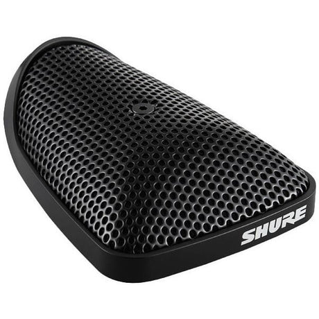 Black tabletop conference microphone head with circular mesh grille, close-up view