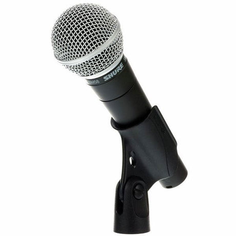 Dynamic cardioid microphone with metal mesh grille, black body, and mounting clip