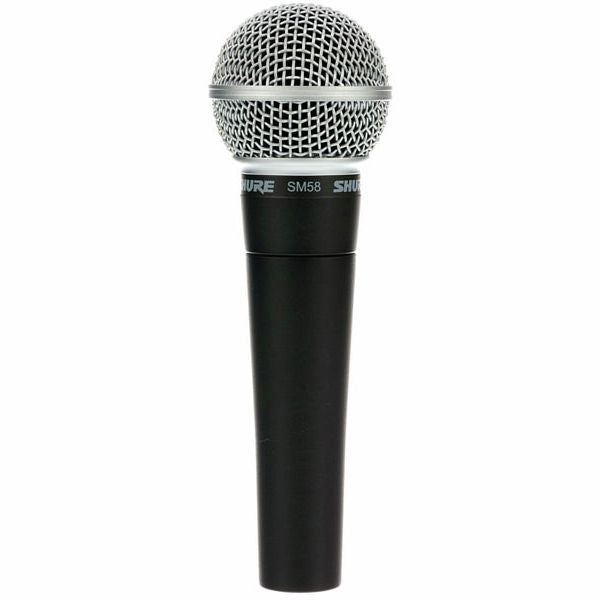 Black handheld dynamic cardioid microphone with silver metal mesh grille