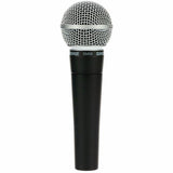 Black handheld dynamic cardioid microphone with silver metal mesh grille