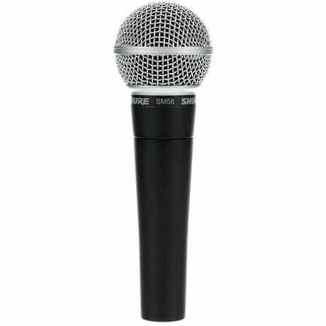 Black handheld dynamic cardioid microphone with silver metal mesh grille