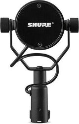 Black broadcast microphone with circular top plate and adjustment knobs, front view