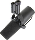 Broadcast/podcast microphone with foam windscreen, side view, black grille and body