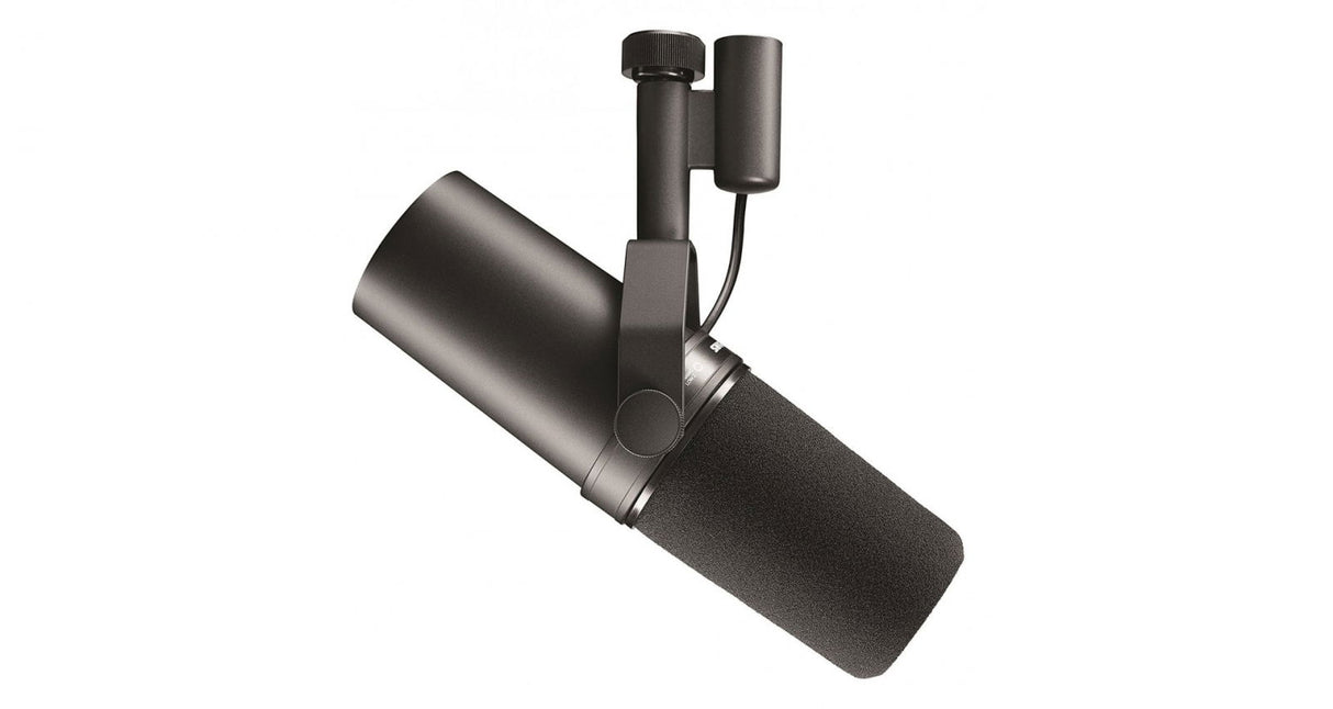 Black broadcast microphone with foam grille and shock-mounted body, side angle view