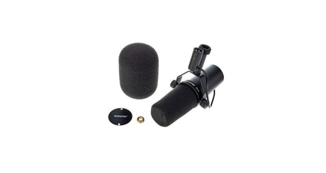 Microfon Shure SM7B cu două paravane antipop și bază, finisaj negru