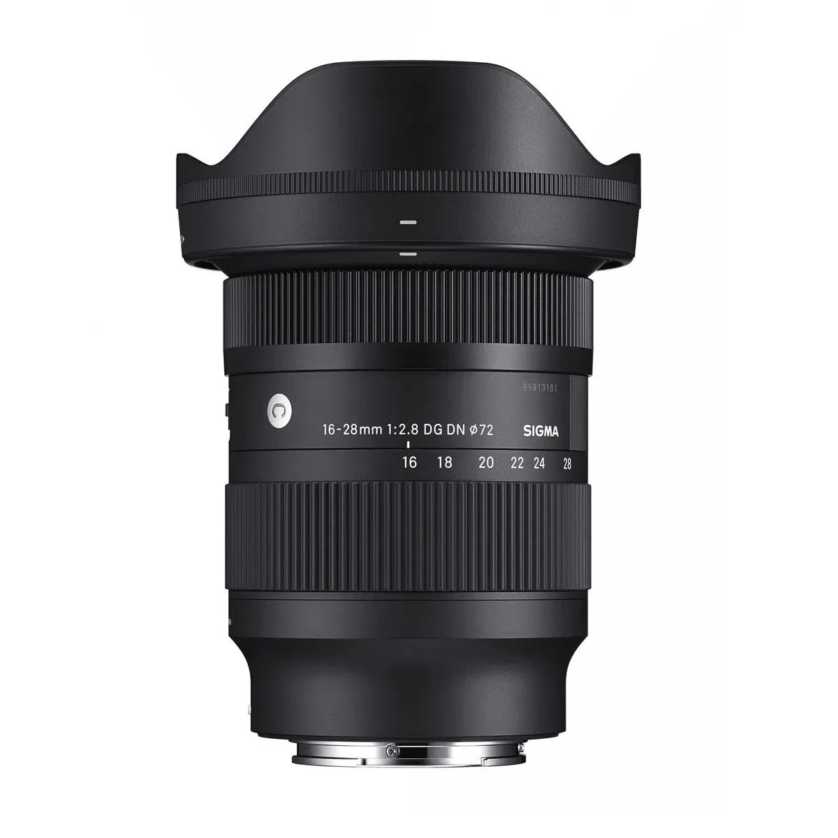 Black Sigma 16-28mm camera lens with ridged zoom barrel and front glass element