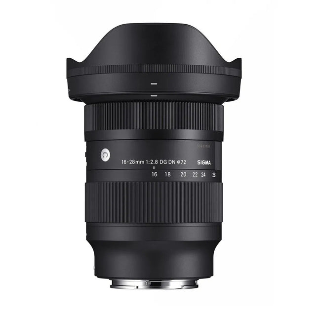 Black Sigma 16-28mm camera lens with ridged zoom barrel and front glass element