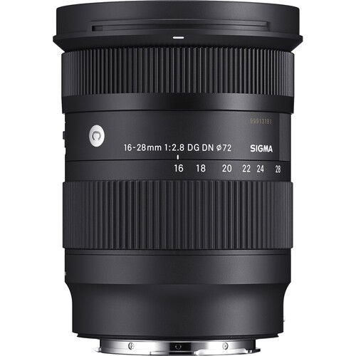 Front view of black Sigma 16-28mm DG DN lens with printed focal range markings