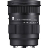 Front view of black Sigma 16-28mm DG DN lens with printed focal range markings