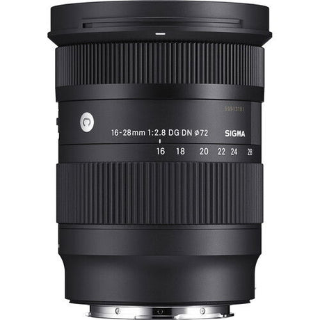Front view of black Sigma 16-28mm DG DN lens with printed focal range markings
