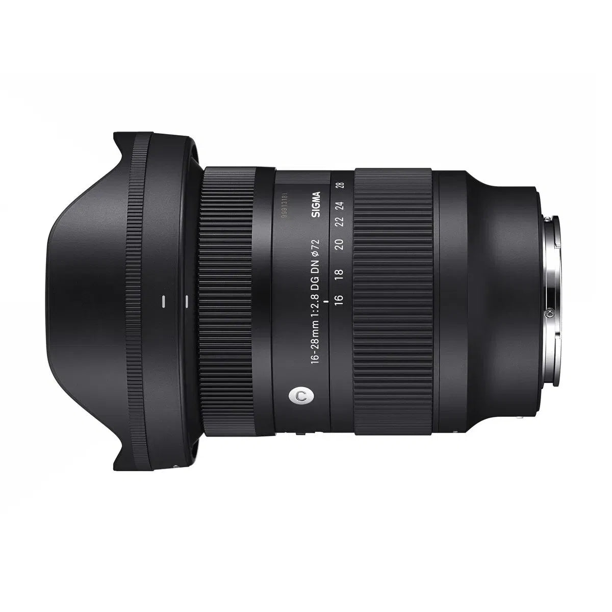 Side view of black 16-28mm camera lens showing textured rings and lens mount