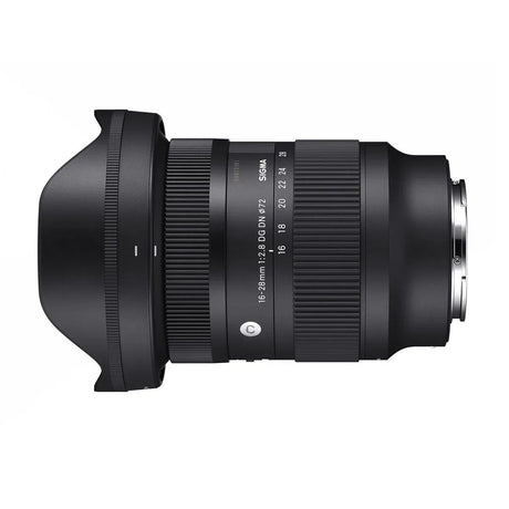 Side view of black 16-28mm camera lens showing textured rings and lens mount