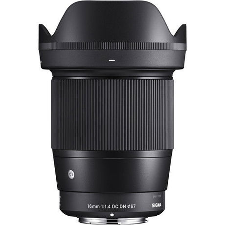 16mm f/1.4 DC DN lens front hood shape and ribbed barrel detail