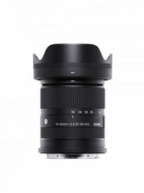 Black Sigma 18-50mm f/2.8 DC DN lens for mirrorless, front view with hood