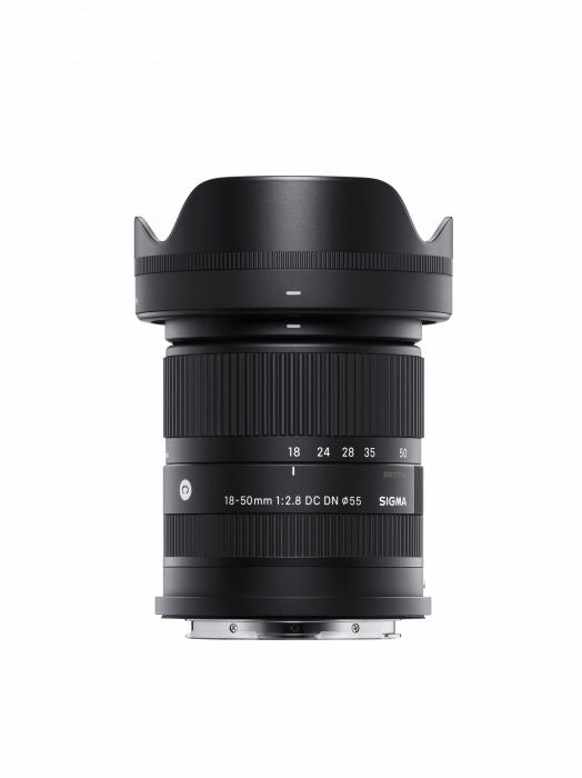 18-50mm f/2.8 DC DN lens with zoom/focus rings and aperture scale