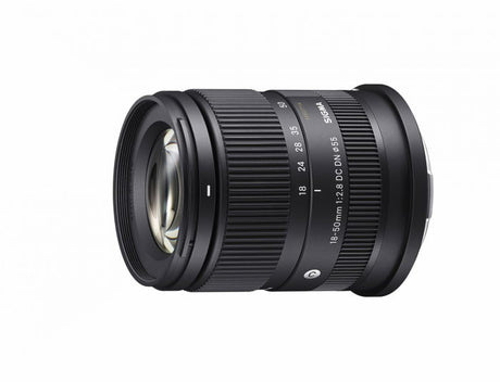 Black 18-50mm f/2.8 DC DN zoom lens with front glass and ridged barrel