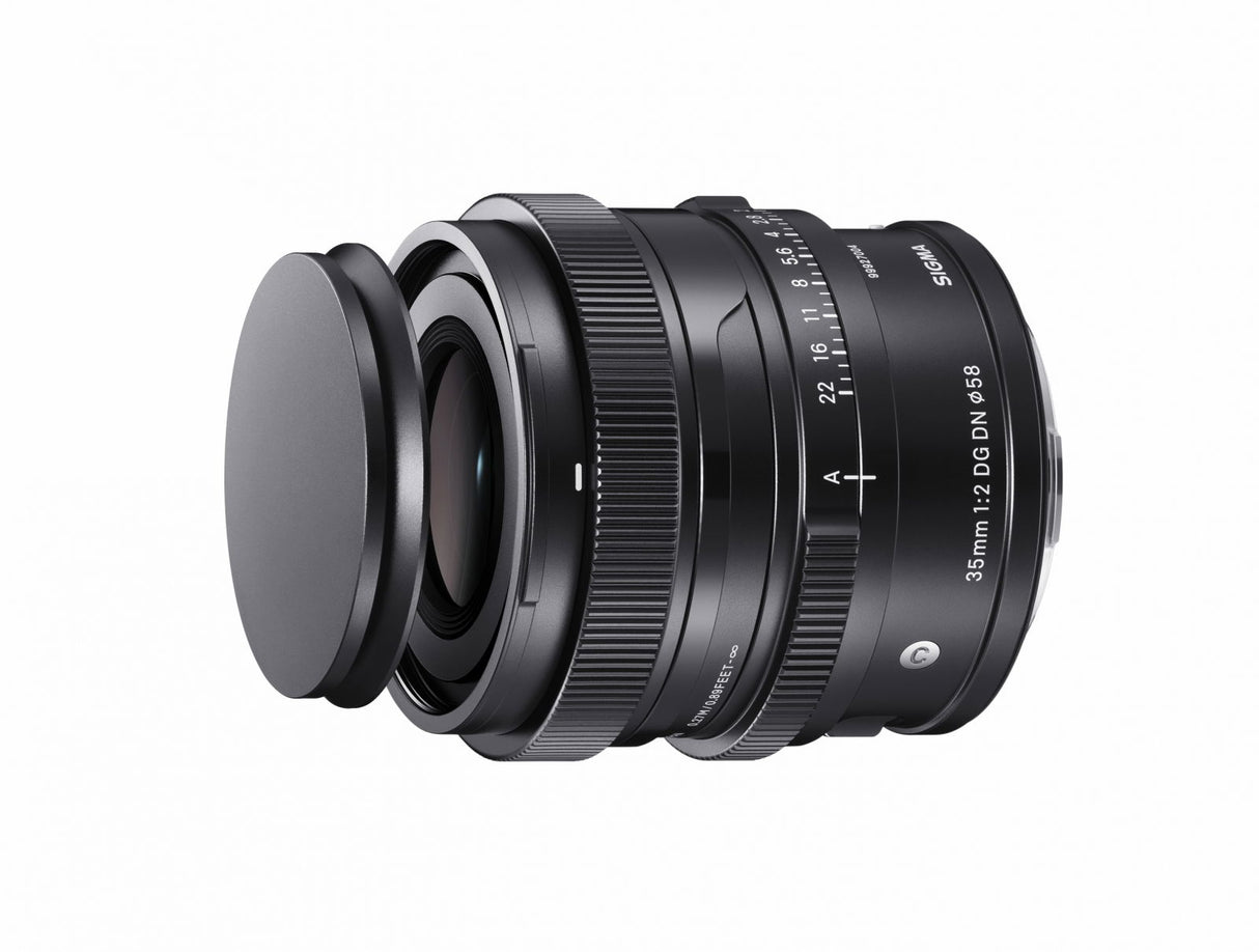 Sigma 35mm f/2 DG DN lens angled view, front mount and textured focus ring