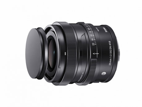 Sigma 35mm f/2 DG DN lens angled view, front mount and textured focus ring