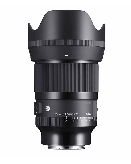 50mm f/1.4 DG DN lens front view, ribbed barrel and petal hood design