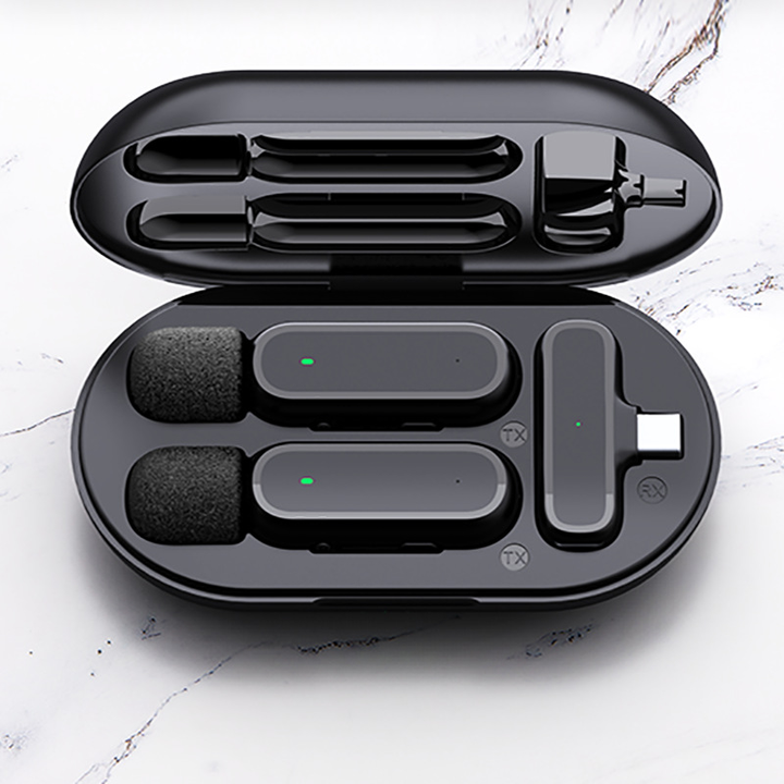 Carcasă deschisă cu două microfoane wireless ultracompacte cu burete negru
