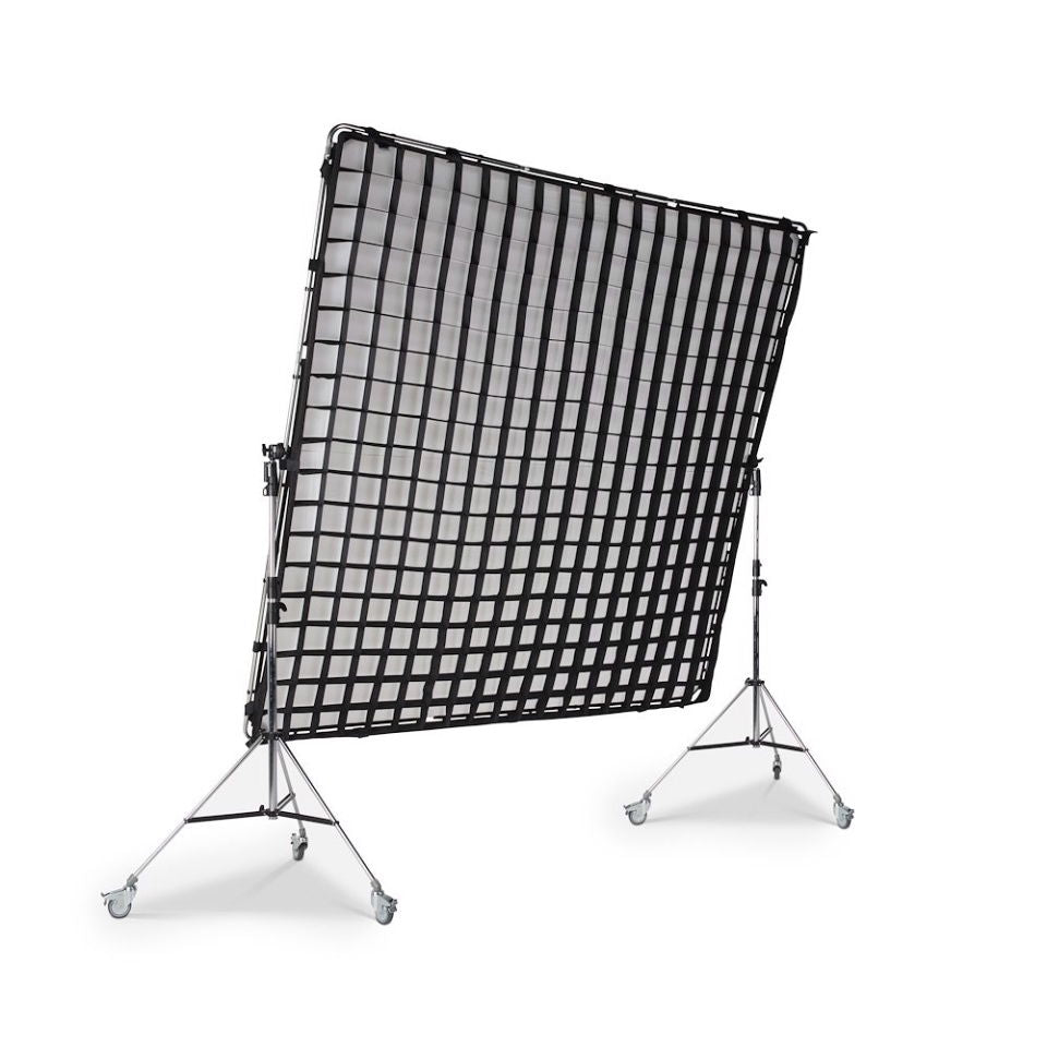 Black snap grid 3x3 light modifier panel on wheeled stand, rectangular frame
