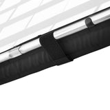 Black wrap strap securing fabric to metal frame bar