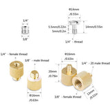 Gold adapter bushings showing 1/4" and 3/8" male/female threads and dimensions