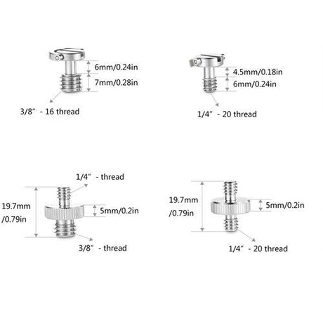 Thread adapters labeled 1/4-20, 3/8, and 3/8-16 with height measurements