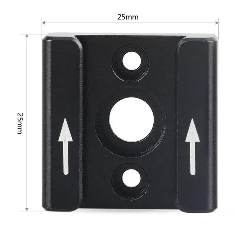 Black metal mounting bracket with circular holes and height markings, 25mm x 25mm