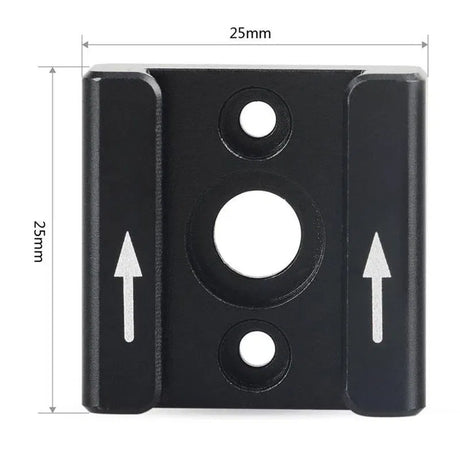 Black metal mounting bracket with circular holes and height markings, 25mm x 25mm