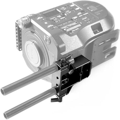 Side view of 15mm LWS baseplate clamp on support rails with mounting hardware
