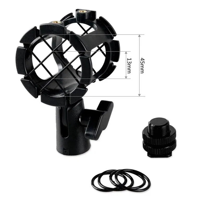Suport șoc pentru microfon negru, cu bază filetată și adaptor de prindere inclus