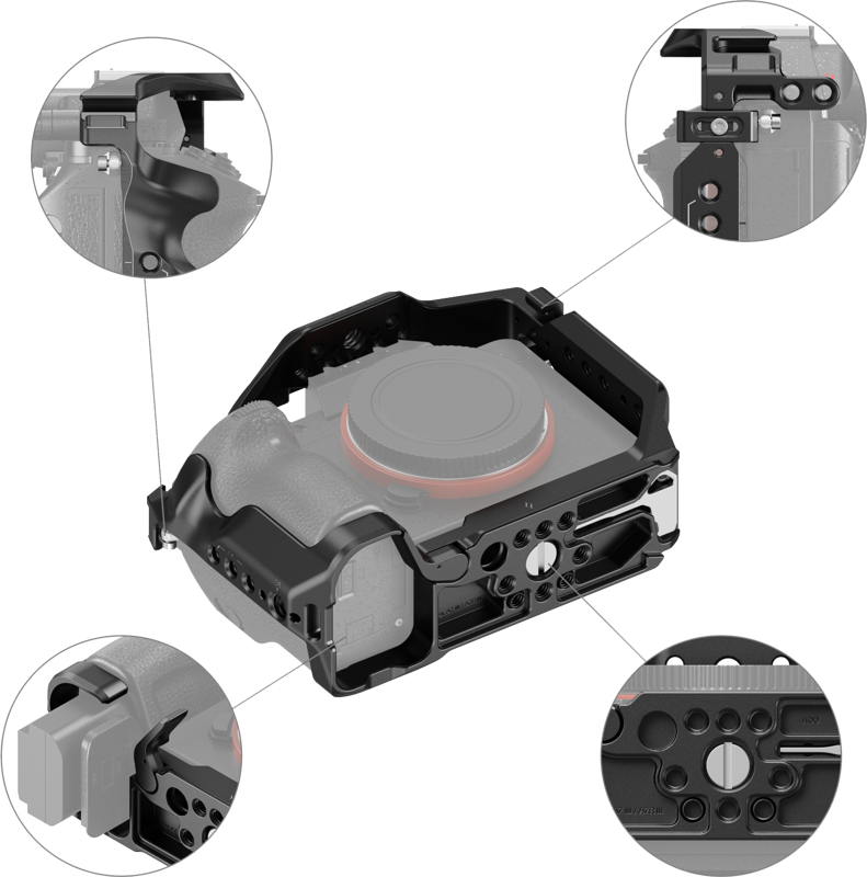 Camera cage close-up showing ports, screw points, and modular mounting sections