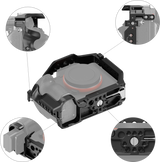 Camera cage close-up showing ports, screw points, and modular mounting sections