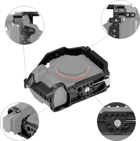Camera cage close-up showing ports, screw points, and modular mounting sections