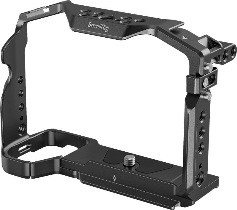 Metal camera cage frame with top handle, screw mounts, and side access holes