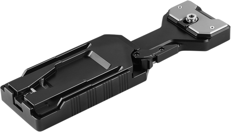QR tripod plate with ridged base, side mounting slot, and center fastener