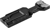 QR tripod plate with ridged base, side mounting slot, and center fastener