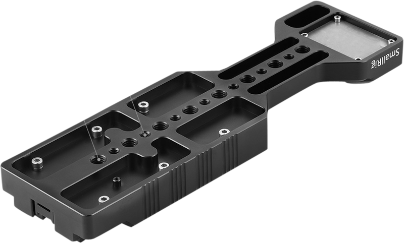 Top view of QR tripod plate with multiple threaded holes and recessed channels
