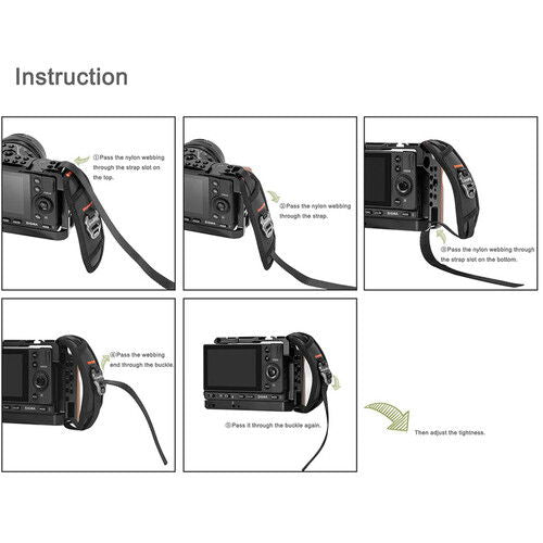 Instruction diagram for threading a camera hand strap through the camera