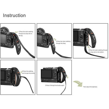 Instruction diagram for threading a camera hand strap through the camera