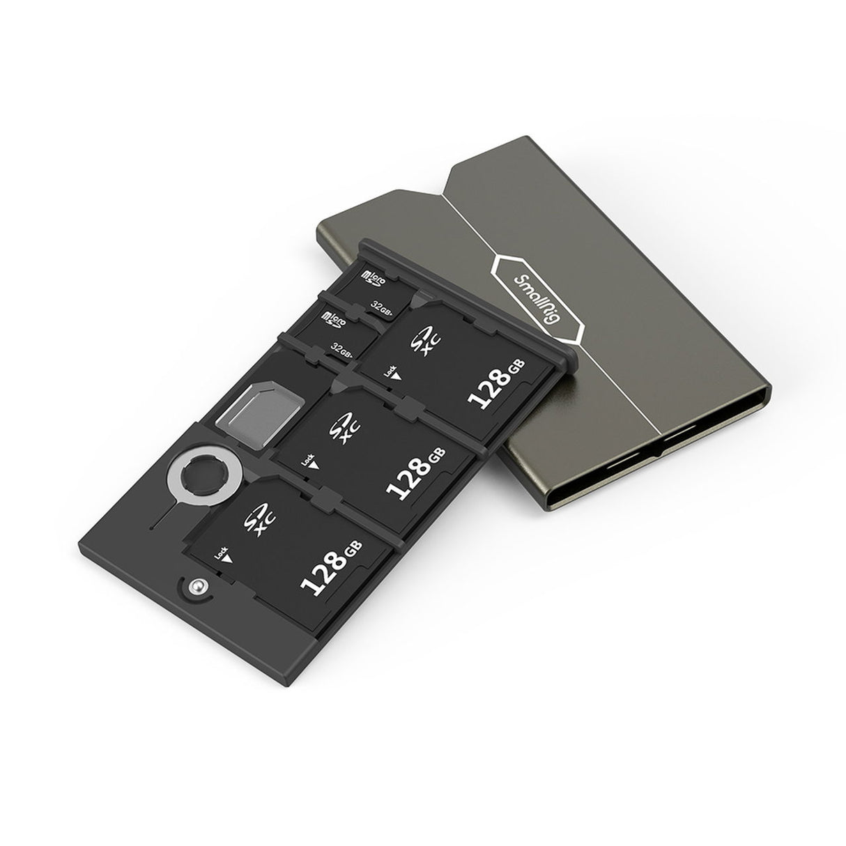 Gray memory card case open with black card slots and labeled capacities