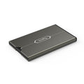 Compact gray memory card case with hinged lid, closed, logo on top