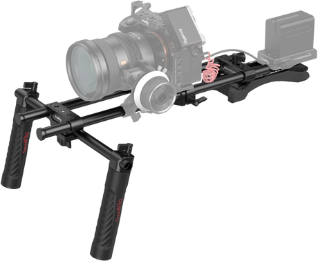 Shoulder rig for camera with two handgrips, long rails, and mounting platform