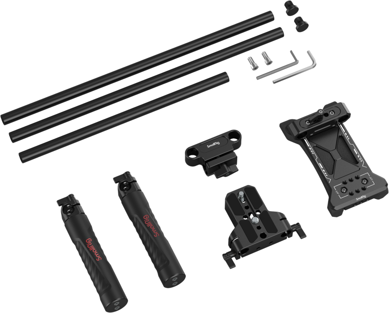 Camera shoulder rig parts: long rails, mounting brackets, and connector hardware