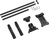 Camera shoulder rig parts: long rails, mounting brackets, and connector hardware