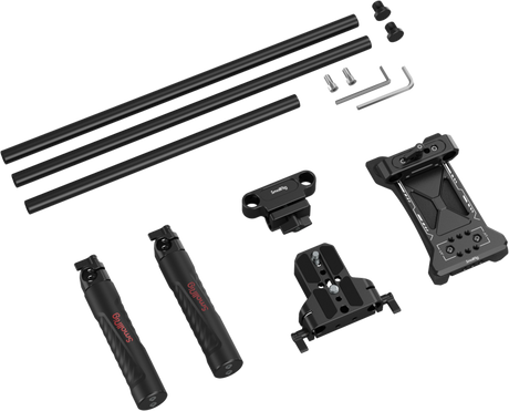Camera shoulder rig parts: long rails, mounting brackets, and connector hardware