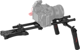 Shoulder camera support bar with base plate and right-side grip handles