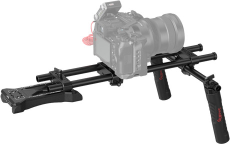 Shoulder camera support bar with base plate and right-side grip handles