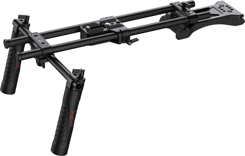 Black shoulder mount camera support with top handle and side mounting plate